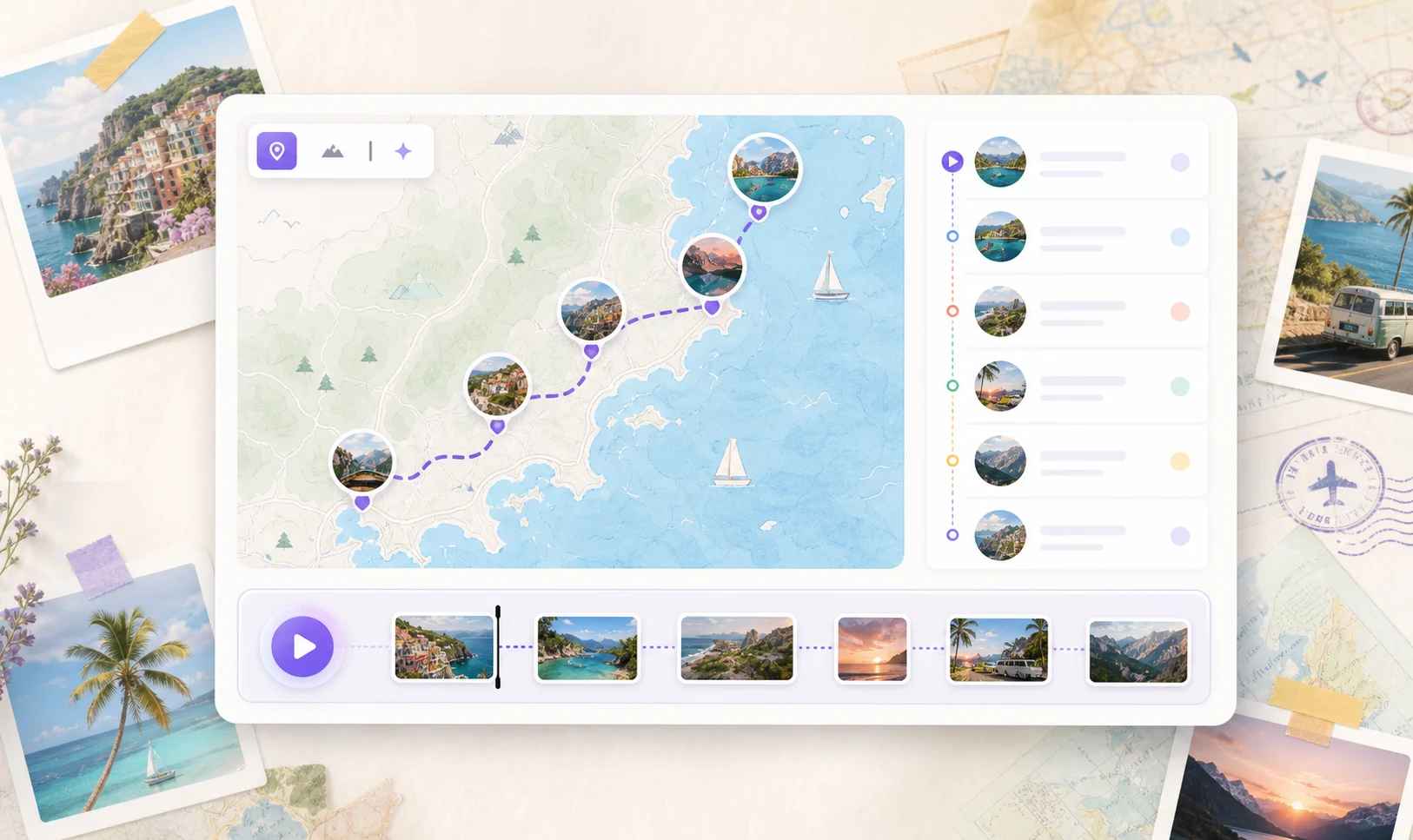 WMap playback preview with a travel route, photo pins, timeline, and stop list
